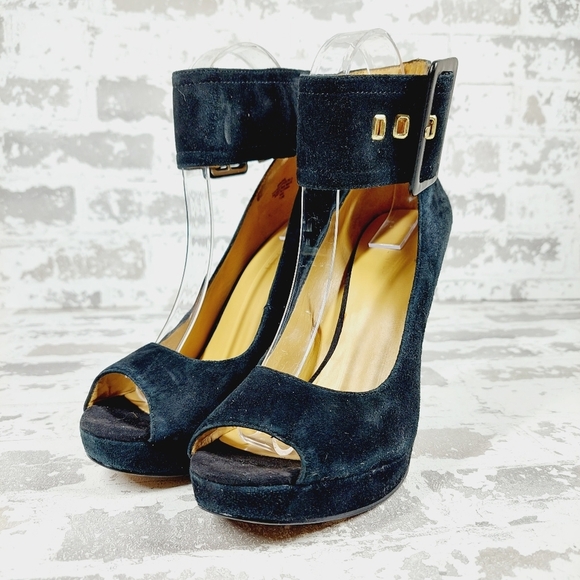 Nine West Ivorie Navy Blue Ankle Strap Buckle OpenToe Platform Chunky Heels i635 - Picture 2 of 12